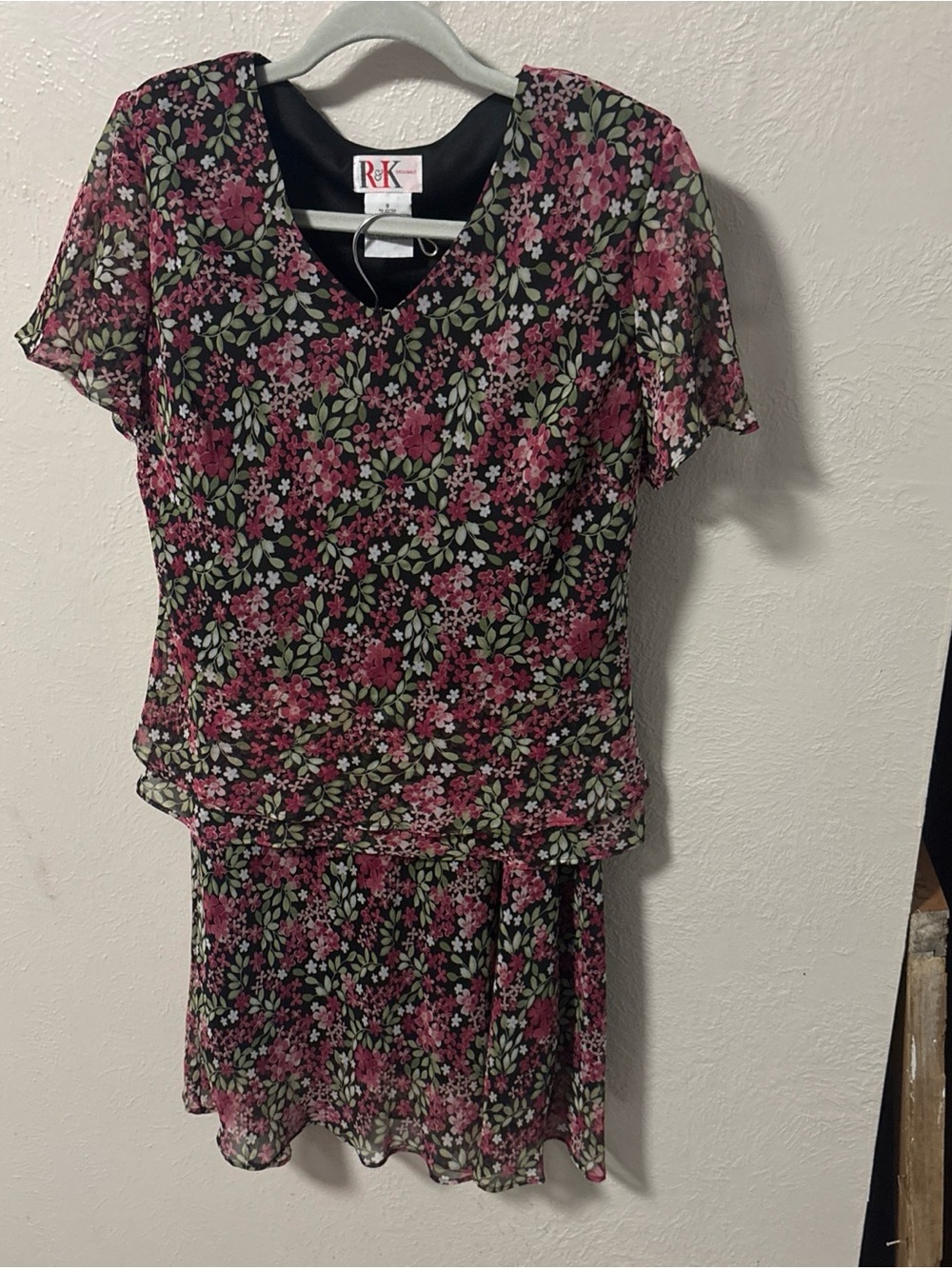 R&K Black Floral Midi Skirt Set with Pink and Green Blossoms - Picture 2 of 5